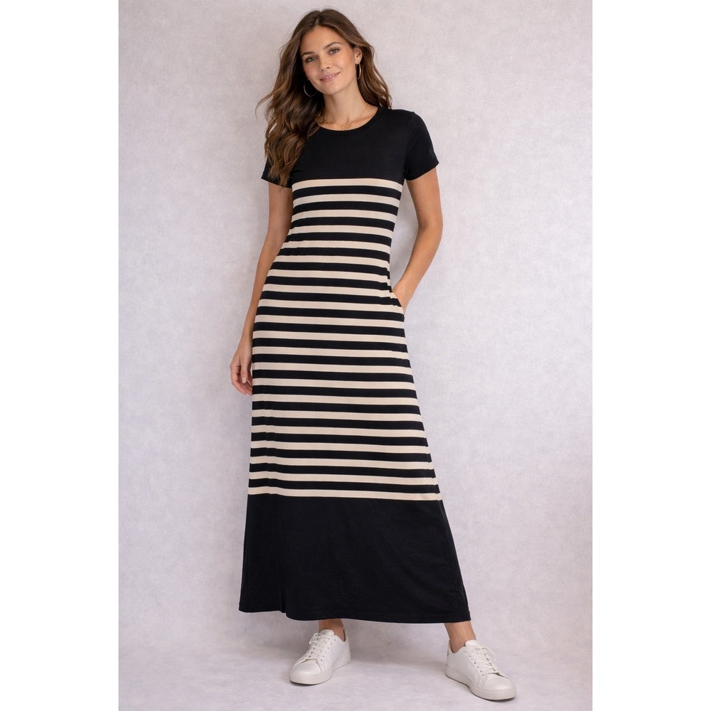 J.Crew Womens Striped Short Sleeve Midi T-Shirt‎ Dress Black Tan Size M